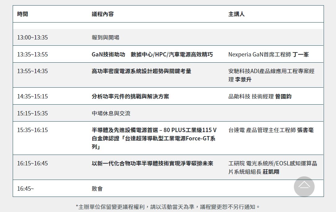 高功率電源系統創新技術與設計論壇議程